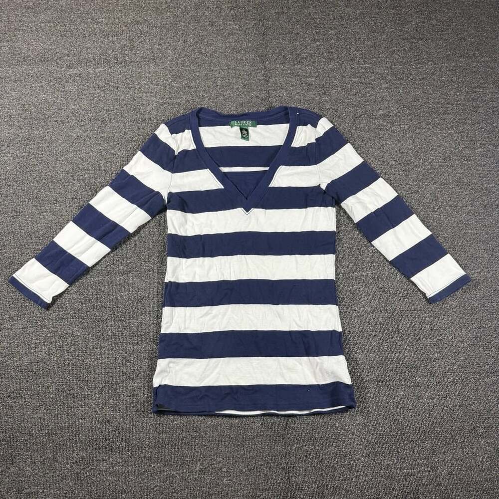 Lauren Ralph Lauren Striped V-Neck Top Size S Blue White Long Sleeve